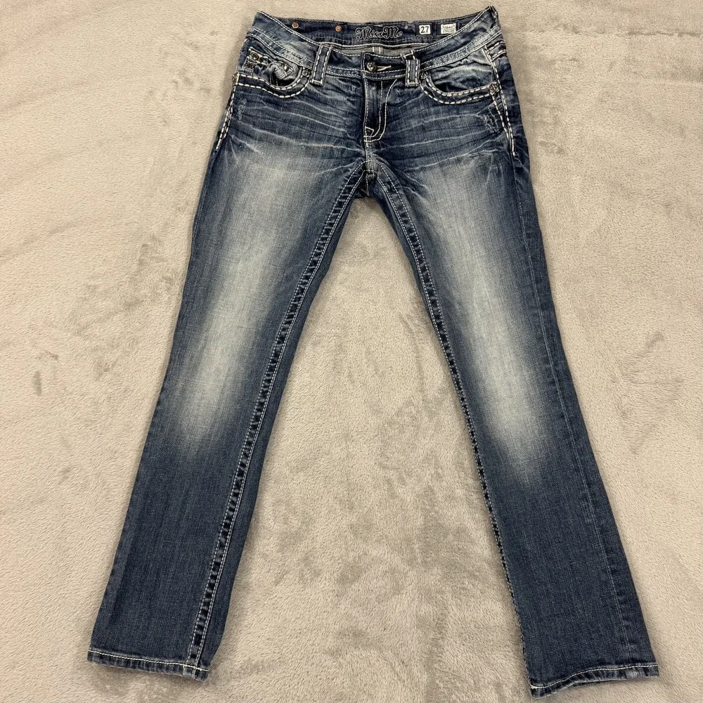 Miss Me Straight Low Rise Jeans Womens 27 Stretch Embellished Dark Wash Blue Y2K